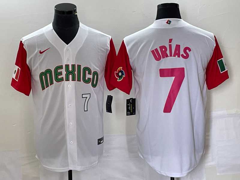 Men's Mexico Baseball #7 Julio Urias Number 2023 White Red World Classic Stitched Jersey25